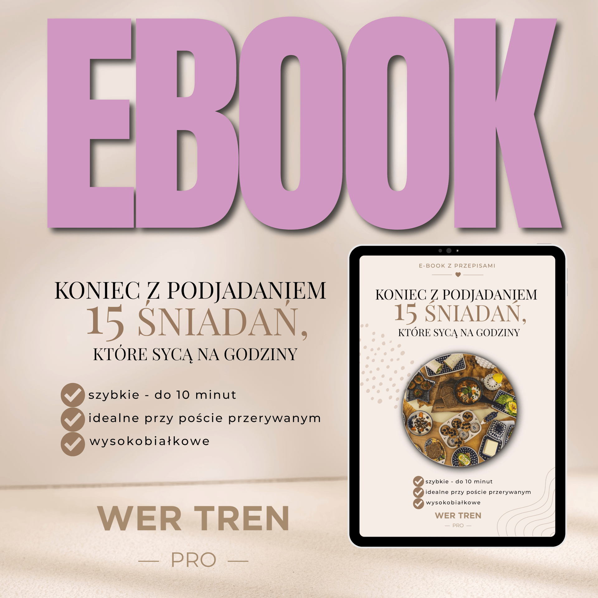 Bold pink 3D 'EBOOK' text fills the top, with a tablet mockup showing a cookbook page on a beige background (hero image).